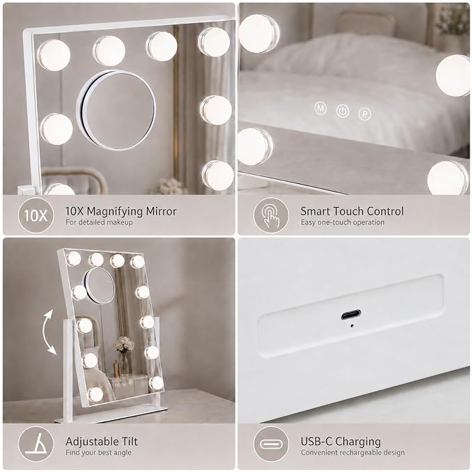 Vanity Mirror with Lights, Dimmable Desk Mirror, 12 Bulbs, 10X Magnifier | 16.4" H x 13.1" W makeup mirror, 3 colors, touch control, detachable 10X magnifier, 360 rotation, Gifts for Wife, Mom, Girls