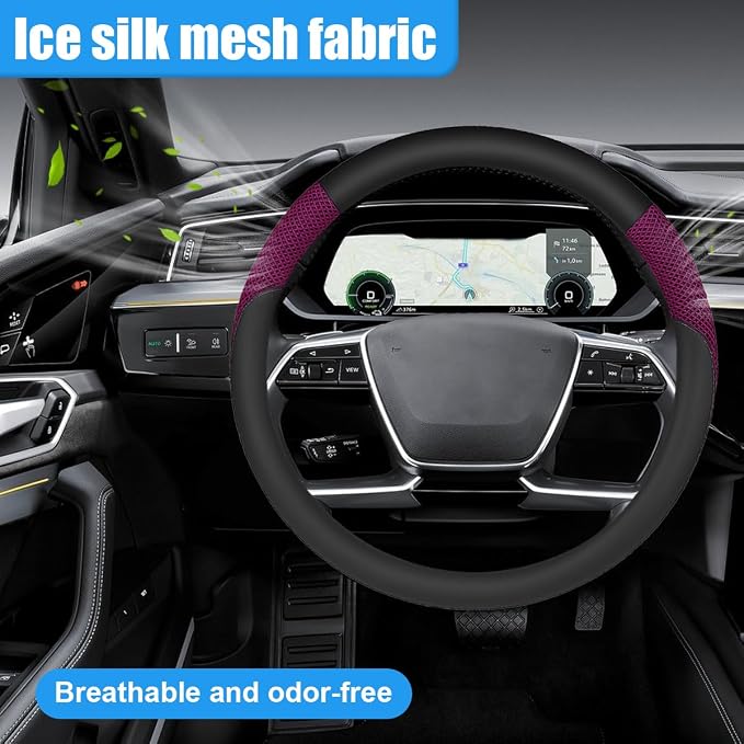 Car Steering Wheel Cover, 15" Breathable Microfiber Leather Ice Silk Mesh Wheel Wrap, Warm in Winter & Cool in Summer, Comfortable Anti-Slip Auto Interior Decorative Protector(Red)