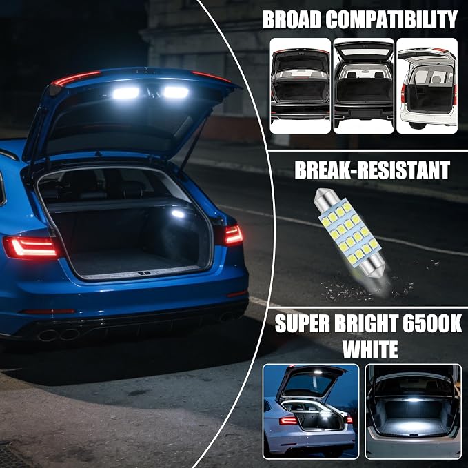 24PCS LED Interior Car Lights Kit - 42mm 36mm Festoon & T10 194 168 W5W T5 74 Canbus Error Free Super Bright 6000K White Dome Map Trunk License Plate Gauge Cluster Bulbs with Pry Tool