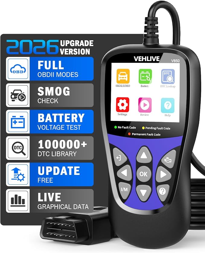 OBD2 Scanner Diagnostic Tool, VEHLIVE V860 Car Code Reader for Check Engine Light with Reset, I/M Readiness, Battery Tester, Live Data, CAN Diagnostic Scan Tool for All OBDII Vehicles After 1996