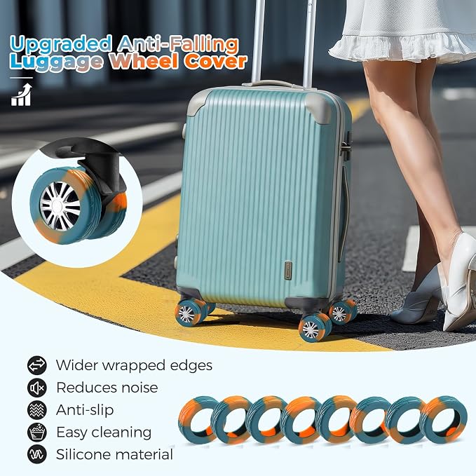 8Pcs Upgrade Luggage Wheel Covers,Travel Accessories (Deep Teal/Orange) | Wear-resistant & anti-noise silicone covers. Fits 2-2.4" wheels. Protects suitcase wheels. Travel essential for suitcases