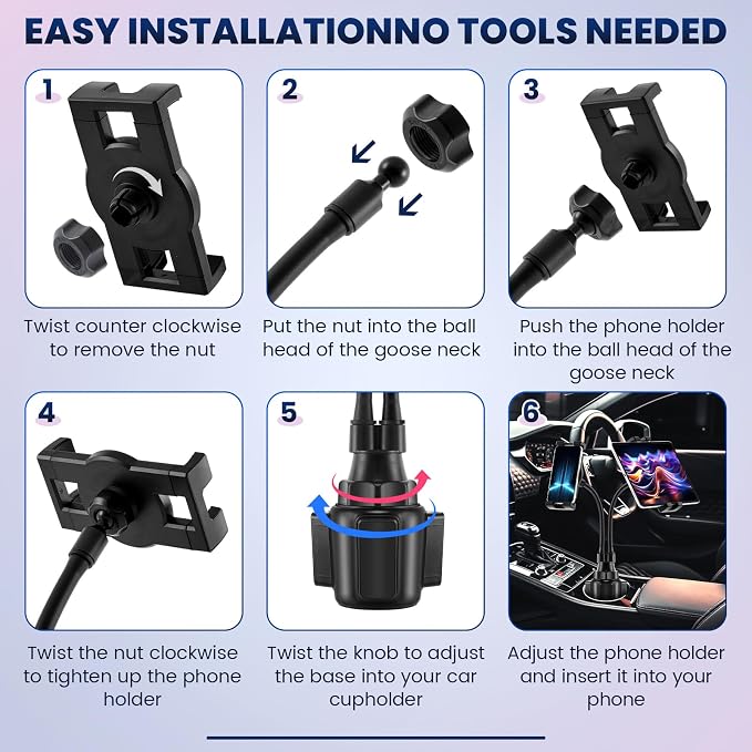 DaisyInner Dual Cup Tablet Mount Holder for Car 360° Rotatable Mount Long Flexible Neck Adjustable Universal Size Fits for Most 2 Tablets 4.7"-10"