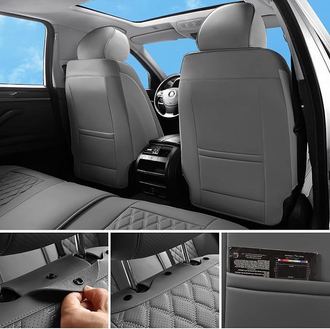 Car Seat Covers Full Set,5 Seat Grey Leather Seat Covers for Cars,Front Seats and Back Seat Cover,Waterproof Car Seat Cushion Protectors,Universal Fit for Most Cars SUV Trucks (Gray-Full Set)