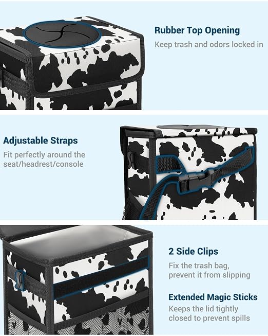 Capolo Car Trash Can with Lid, Leakproof Car Trash Bag Hanging Waterproof Automotive Garbage Can with Storage Pockets Mini Vehicle Trash Bin for Back/Front Seat(Cow Print,3 Gallon)