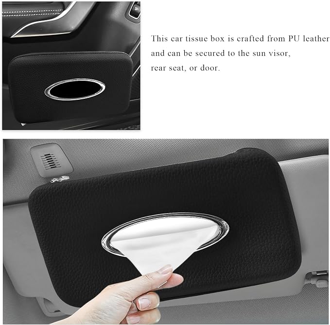 Car Tissue Holder, Microfiber Leather Auto Sun Visor Napkin Box with Zipper & Hooks, Universal Backseat Tissue Dispenser Case Visor Napkin Holder for Sedans Trucks SUVs (Black)