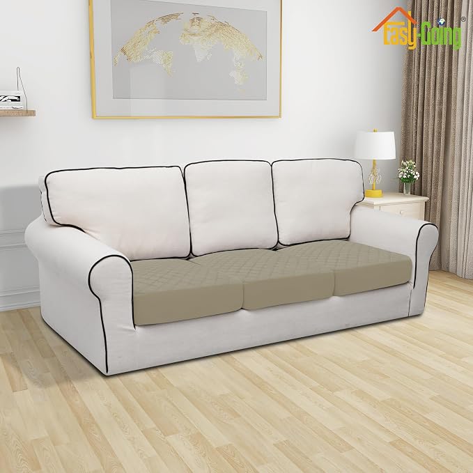 Easy-Going Waterproof Couch Cushion Covers, Non-Slip Leakproof Sofa Seat Cushion Slipcovers, Quilted and Stretch Furniture Protector for Dogs, Pets (3-Piece Sofa Cushion, Beige)