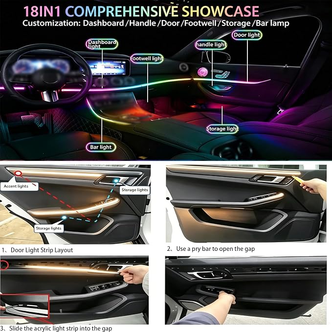22In1 Car Interior LED Strip Lights Multicolor & 4Pcs Tire Valve Light, Ambient Lighting Strip Lights for Trucks, UTV, SUVs