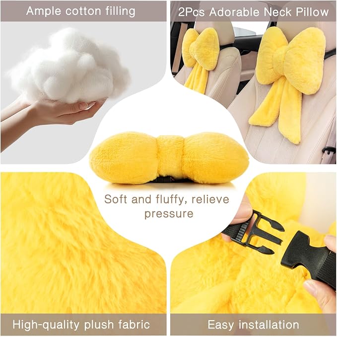 Macarrie 2 Pcs Car Neck Pillow Plush Butterfly Bow Car Headrest Pillow Comfortable Seat Neck Support Cute Head Rest Accessories for Driving Travel Driver Chair Girl Interior Decor(Lemon Yellow,Solid)