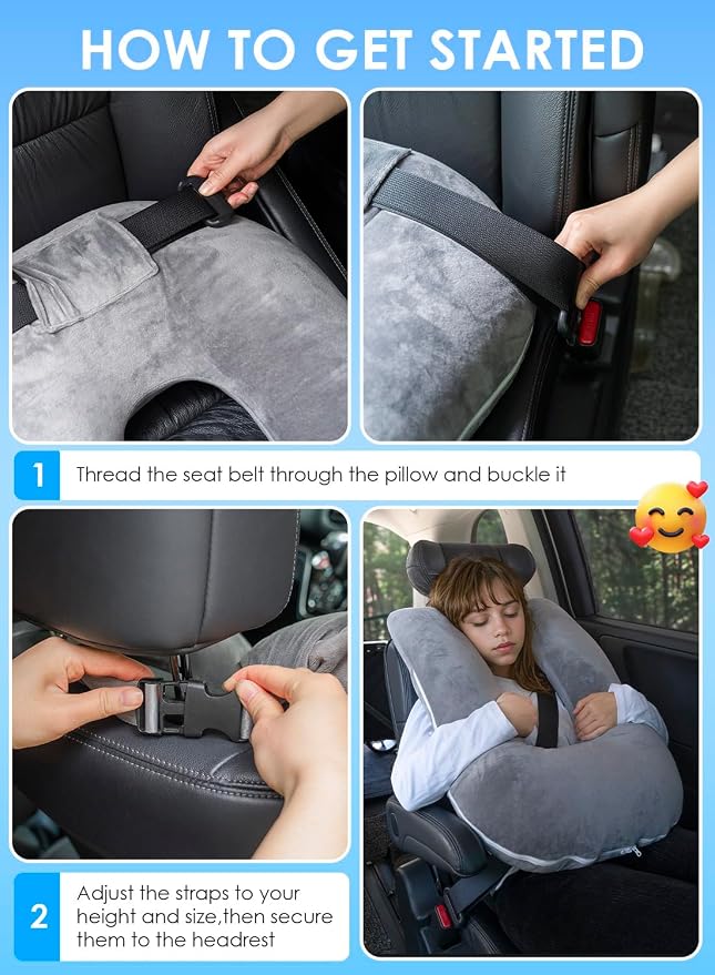 QUEEN ROSE Car Travel Pillow for Sleeping, Adjustable Head Support for Adults & Kids, Breathable Soft Neck Cushion for Road Trips, Machine Washable Cover, Pink