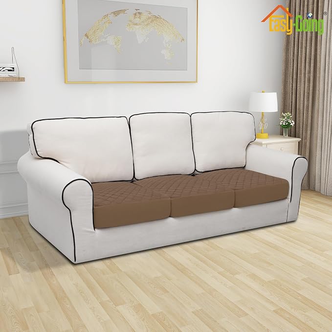 Easy-Going Waterproof Couch Cushion Covers, Non-Slip Leakproof Sofa Seat Cushion Slipcovers, Quilted and Stretch Furniture Protector for Dogs, Pets (3-Piece Sofa Cushion, Brown)