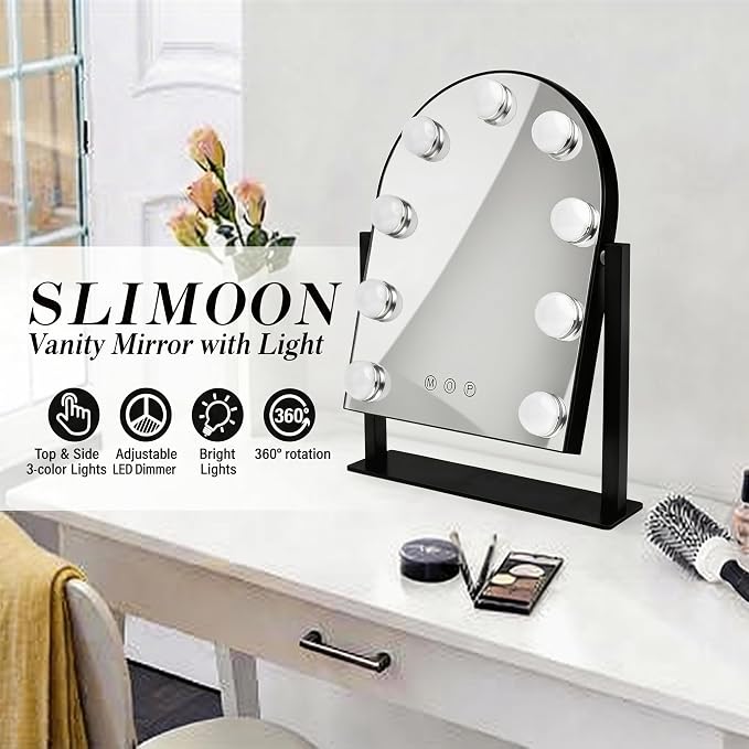 Arched Makeup Vanity Mirror with LED Lights Makeup Mirror Detachable 10X Magnification, Hollywood Make Up Mirror with Lighting, Smart Touch, Rechargeable,360° Rotation,Black 14.17"x 11.81"