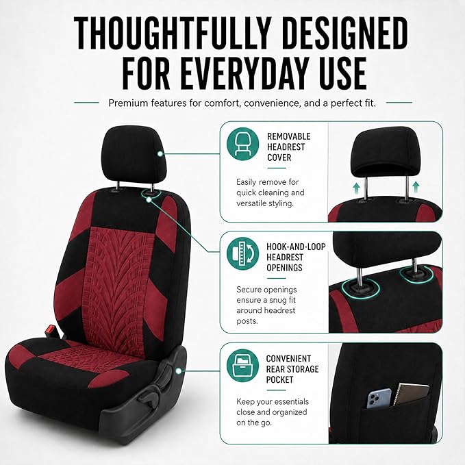 FH Group Full Set Travel Master Car Seat Covers, Airbag and Split Rear Car Seat Cover Universal Fit Interior Accessories for Cars Trucks SUV, Automotive Seat Covers, Burgundy