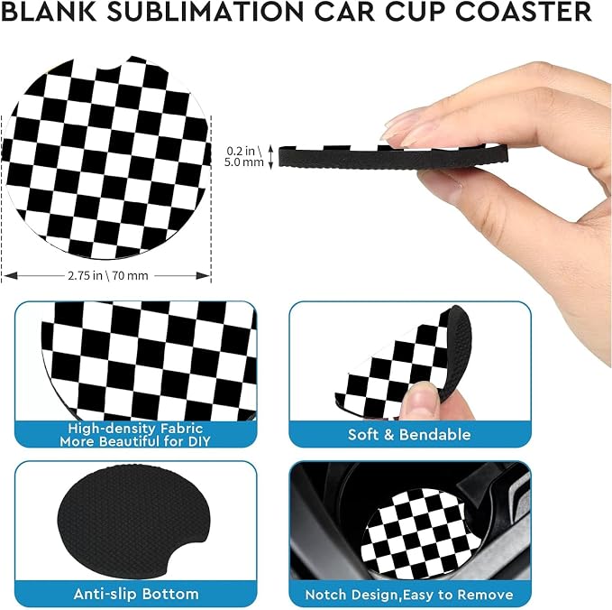 2 Pack Black and White Grid Car Cup Holder Coasters Universal Neoprene Mat | 2.75" Universal Size Anti Slip Rubber Mat,Auto Cup Holder Accessories for SUV Truck, Lattice Design Gifts for Women Men Mom