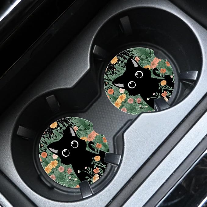 2pcs Cute Black Cat Car Coasters,Absorbent Universal neoprener Cup Holder Coasters with a Finger Notch,Car Accessories for Women&Man Interior，2.75" 3