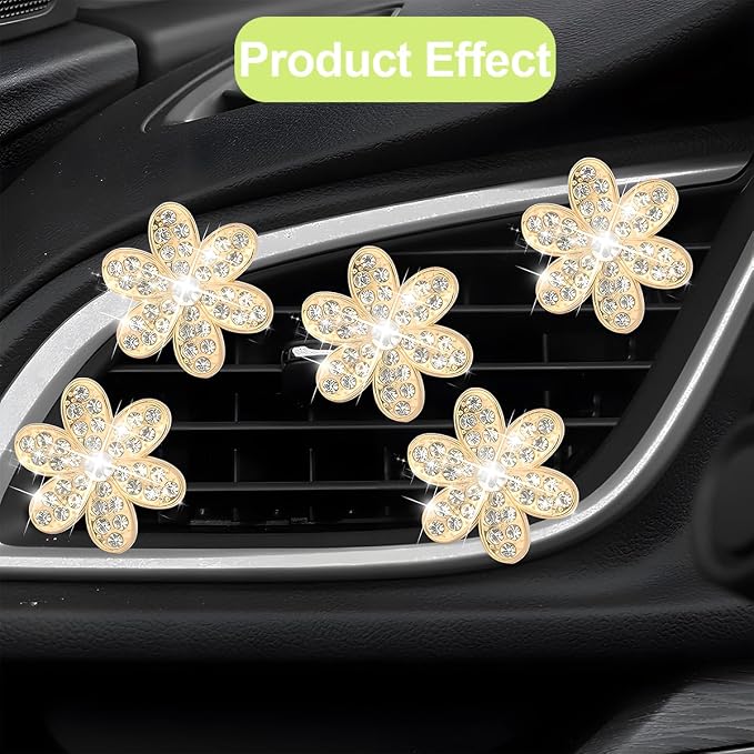 Osilly Bling Car Air Vent Clips, 4PCS/2Set Flower Rhinestone Vehicle Air Outlet Clamp, Sparkly Diamond Automotive Interior Vent Clip Charm Decor Accessories, Universal for SUV Truck RV (Golden)