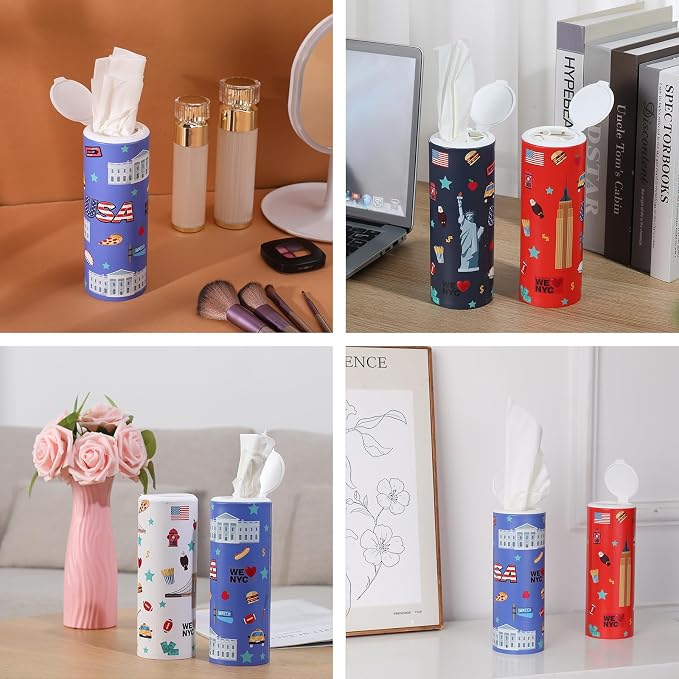 Carson Works Car Tissues Holder 4 Packs Round Car Tissues Cylinder Fit for Car Cup Holder, Home Small Tissue Dispenser with Refill Tissues for Car Bathroom Office