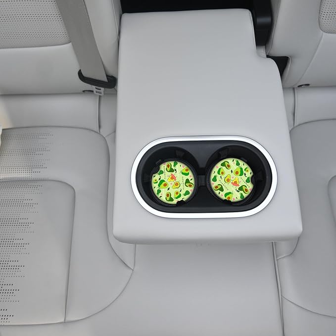 Cute Avocado Car Coasters: Pack of 2, Absorbent Ceramic Drink Cup Holder Coasters with Finger Notch for Easy Removal