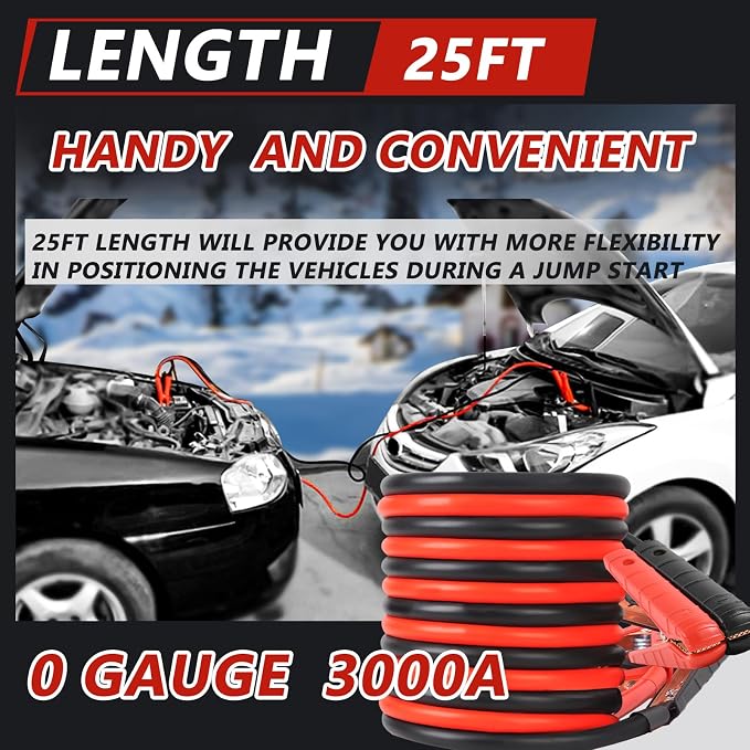 0 Gauge 25FT Jumper Cables, Heavy Duty Jumper Cables for Car Van Truck, Commercial Grade 3000AMP Automotive Booster Cables for Jump Starting Dead or Weak Batteries, With Storage Bag & Gloves