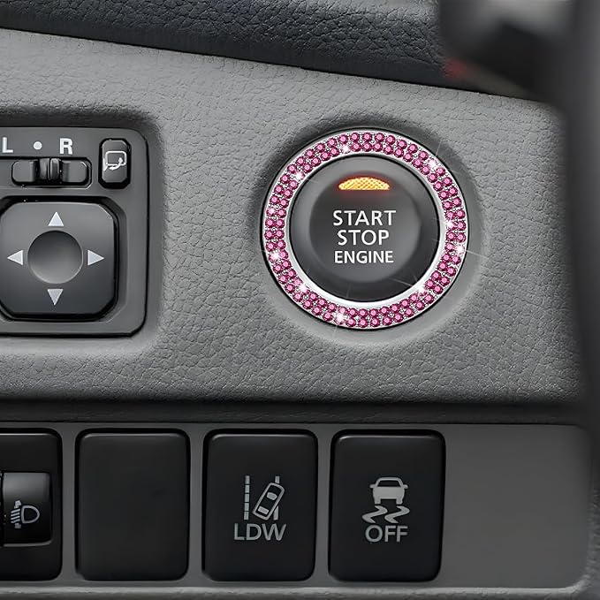 Bling Car Engine Start Ring Decals, 2PCS Sparkling Crystal Rhinestone Vehicle Push to Start Button Sticker, Diamond Auto Key Ignition Knob Decorative Ring, Universal for Vehicles (Purple Red)