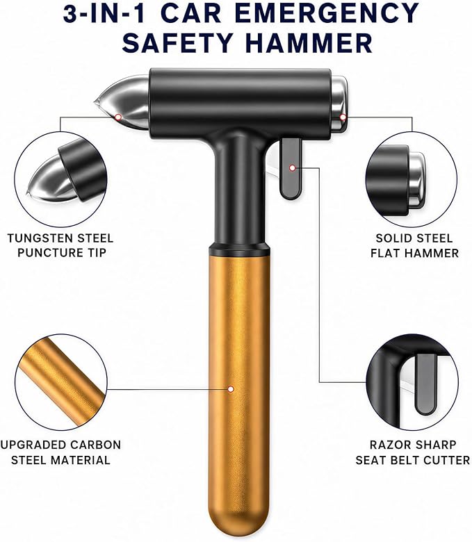 Alloy Car Window Breaker with KM46 Tungsten Tip, 3-in-1 Glass Breaker & Seatbelt Cutter & Escape Hammer Car Emergency Rescue Tools for Tesla Model 3/Y/S/X/Cybertruck Accessories (Gold)