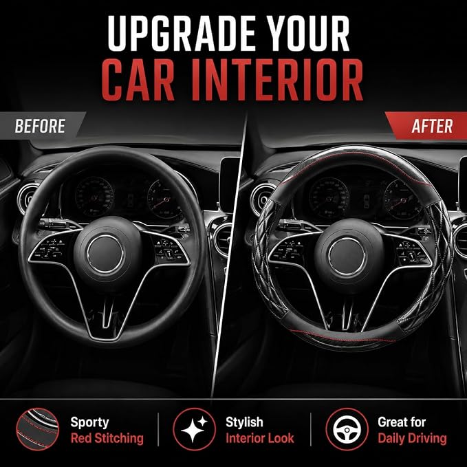 Couslcd 14.5-15 Inch Leather Steering Wheel Cover with Soft Padded Lining, Anti-Slip Comfort Grip, Universal Steering Wheel Protector for Most Cars, SUVs, Trucks (Black)