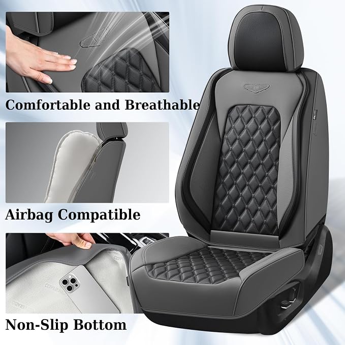 Coverado Universal Car Seat Covers Full Set, Minimalist Scratch-Resistant Waterproof Faux Leather Front & Rear Seat Protectors, Business Daily Driving – GrayBlack