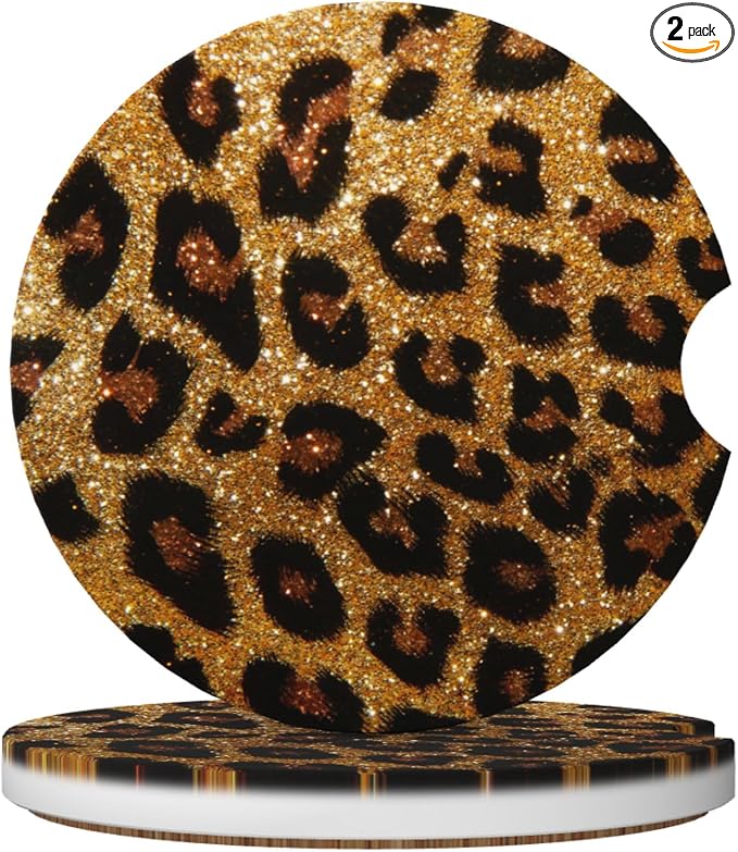 Leopard Print Shiny Car Cup Holder Coasters 2 Pack 2.63" for Women | Glittering Universal Anti Slip Ceramic Absorbent Coaster with Cork Base and Finger Notch Cute Car Accessories Interior