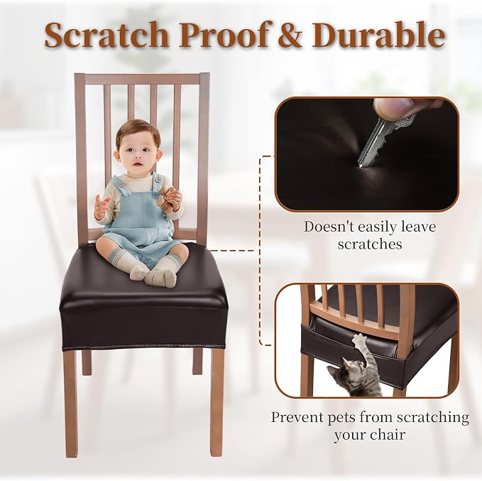 Waterproof Dining Chair Seat Covers Leather Kitchen Seat Covers, Stain Resistant Stretch Chair Seat Covers for Dining Room Chairs Set of 8, Rear Covered Washable Dining Chair Cover Dark Coffee