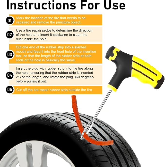 22 PCS Tire Plug Kit, Heavy Duty Tire Patch Kit with 2 T-Handles, 15 Rubber Strings, 5 Bolts, Emergency Tires Puncture Repair Set, Universal for Car, Motorcycle, Truck & Tractor