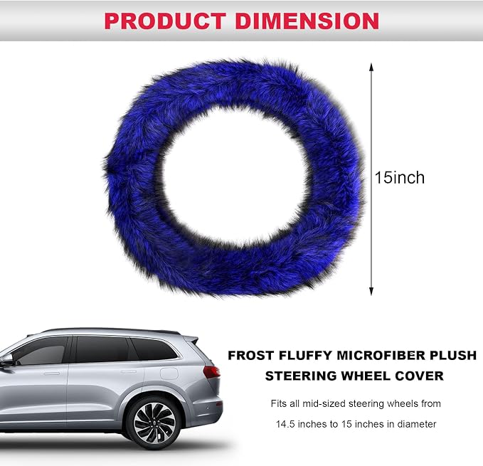 Fluffy Steering Wheel Cover, 15 Inch Anti-Slip Microfiber Plush Fuzzy Steering Wheel Cover, Winter Warm Elastic Fuzzy Steering Wheel Covers for Women and Men, Car Accessories (Blue)