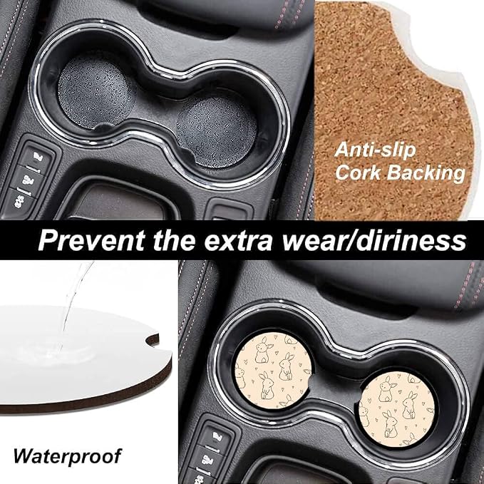 Absorbent Car Cupholder Coaster 2 Pack, Cute Car Coasters with a Finger Notch for Women & Men,2.56" Ceramic Stone & Non-Scratch Cork Base Drink Coasters, (Cute Rabbits)