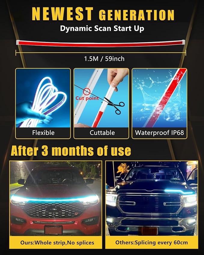 YM E-Bright Led Hood Light Strip Exterior Car Led Strip Light Waterproof Flexible DRL Dynamic Scan Start Up Hoodbeam Kit Daytime Running Lights for Car, Truck, SUV, 12V 59inch, Ice Blue, 1 Set