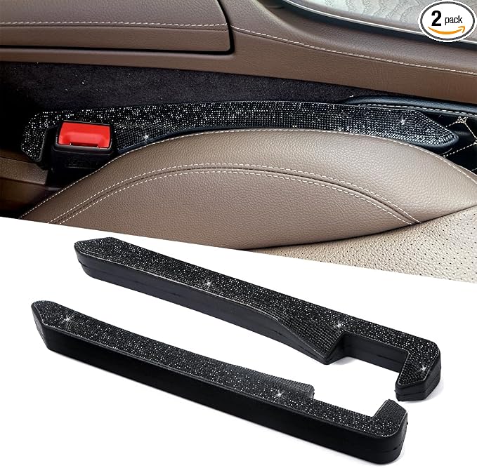 2 Pack Sparkly Diamond Car Seat Gap Filler Universal Gap Filler for Car SUV and Truck Fit Between Seats and Console Stop Things from Dropping (Black)