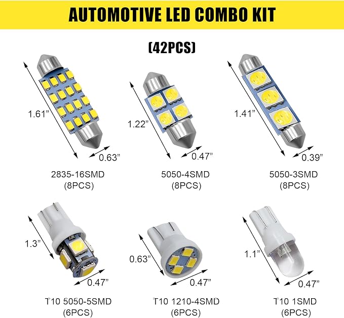 42PCS Interior Car Lights, Super Bright White Dome Map Tail Cab Lights Bulb Replacement Kit, T10 31mm 36mm 41mm LED Bulb Set, Bulbs Kit for Car Door Light License Plate Light