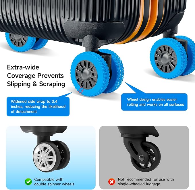 2026 Upgraded 8 Pcs Luggage Wheel Covers, Silicone Protective Covers for 2-2.4" Suitcases Spinner Wheel, Wear-Resistant, Anti-Noise, Thickened Protector, Travel Accessories (Blue)