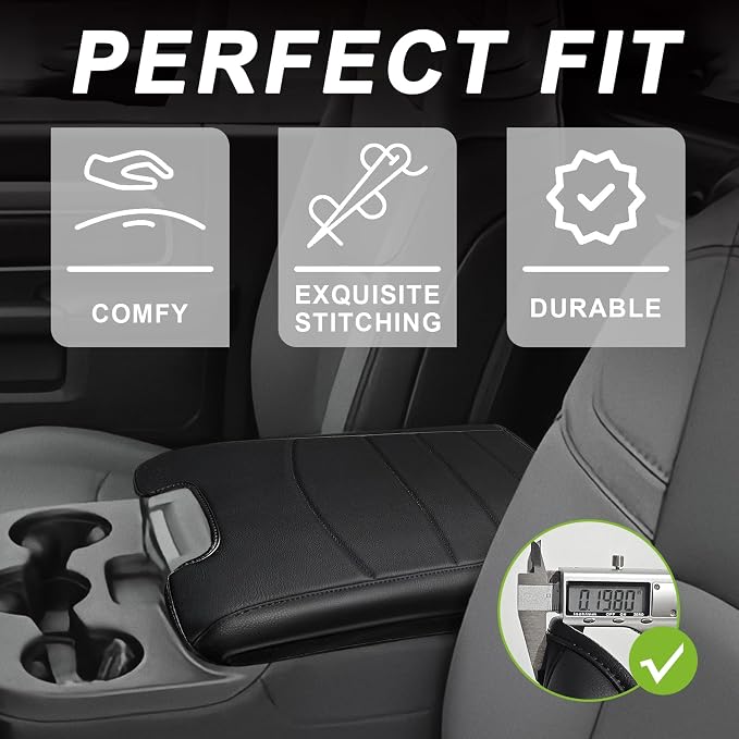 Muslogy Center Console Armrest Cover Fit for Dodge Ram 1500 2013-2018 & 2013-2026 Ram 2500/3500 Accessories, Comfort Armrest Pad Console Lid Cushion Vegan Leather Regular Thick(Jump Seat ONLY)