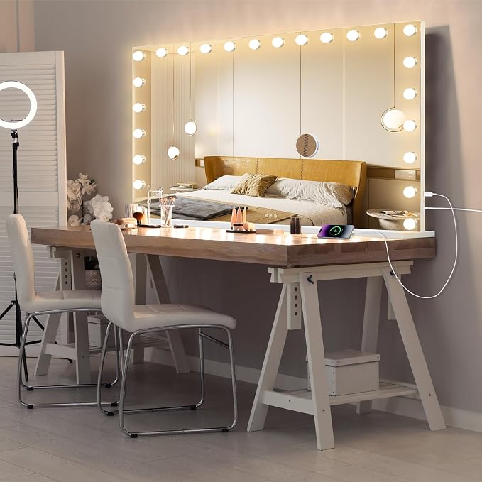 Ratsamee Hollywood Vanity Mirror with Lights, 24 Dimmable Bulbs, 3 Color Lights,Make Up Lighted Mirror, Aluminum Metal Frame, USB Charging Port（48" x 30"）