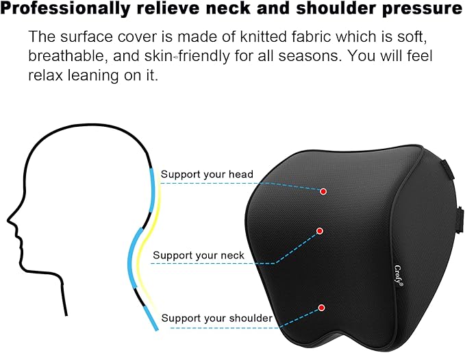 Crofy 2-Pack Car Neck Pillow, Headrest Pillow with Adjustable Strap, Black | Soft Memory Foam; Ergonomic Design Fits Most Car & Office Chairs; Breathable Removable Pillow Cover Is Machine Washable