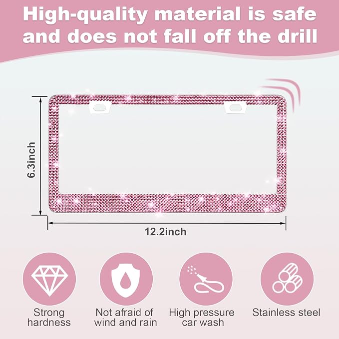 QUANQIUFEI 2 Pack Bling License Plate Frames for Women, Sparkly Rhinestone Diamond Car Accessories with Glitter Crystal Caps (Dark Pink)