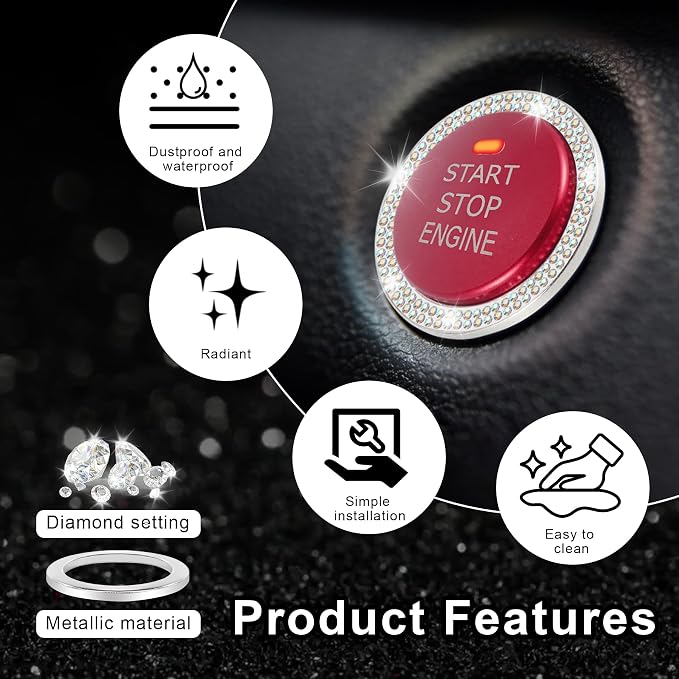 LivTee 2 PCS Crystal Double Rhinestone Car Engine Start Stop Decoration Ring, Bling Car Interior Accessories for Women, Push to Start Button Cover Sticker, Automotive Decals, Colorful