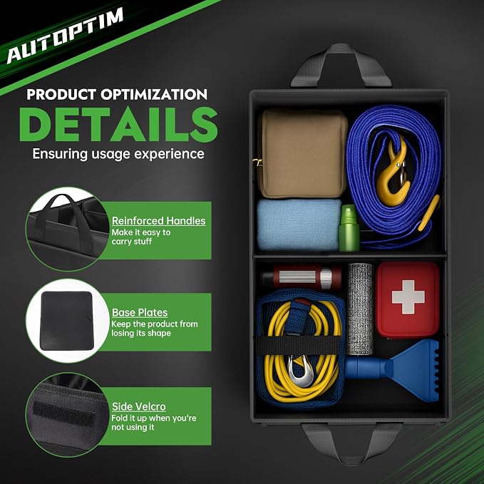 AUTOPTIM Car Trunk Organizer - 65L Collapsible Car Organizer with Non Slip Bottom & Multiple Pockets for Groceries, Trunk Storage with Base Panel for SUV Sedan Van, 2 Compartments (Black, Large)