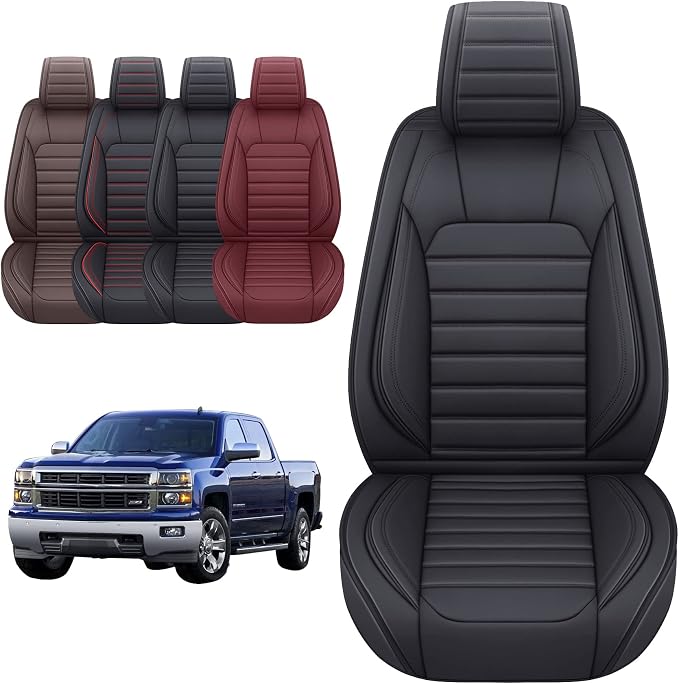 YIERTAI Truck Seat Covers for Chevy Chevrolet Silverado GMC Sierra Custom Fit 2007-2025 2026 1500/2500/3500 Trail Boss Z71 Crew Double Extended Cab Waterproof Leather(2 PCS Front only/Black)