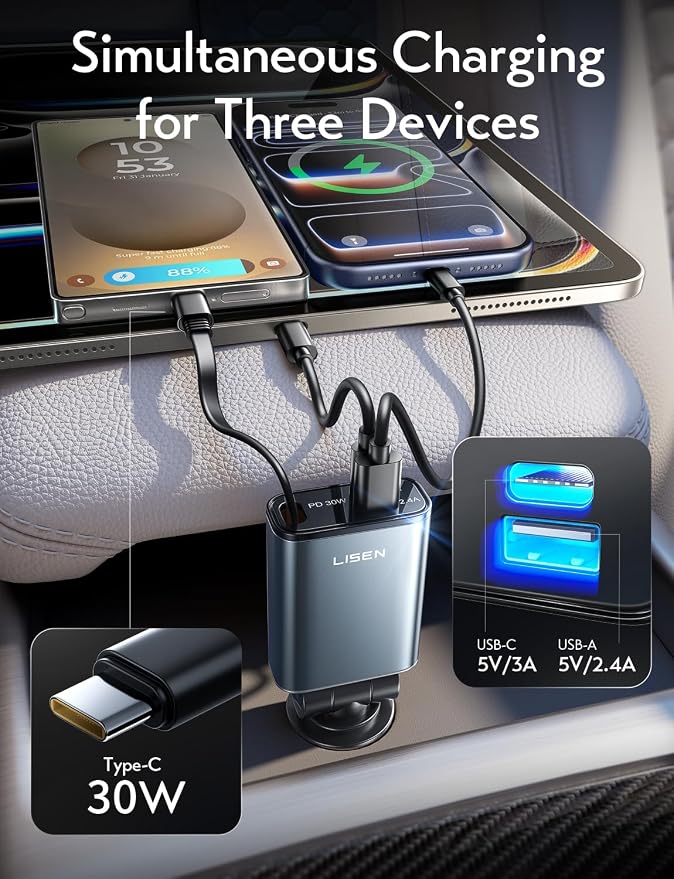 LISEN Car Charger USB C Fast Charge, [Single-Port] Retractable Car Charger USB C, RV Power Adapters for Women Men Phone Type C Charging for iPhone 17 Pro Max 16 15 Samsung S26 S25, MacBook Neo | 54W Car Phone Type C Charging with 30W USB C Cable RV Pow...