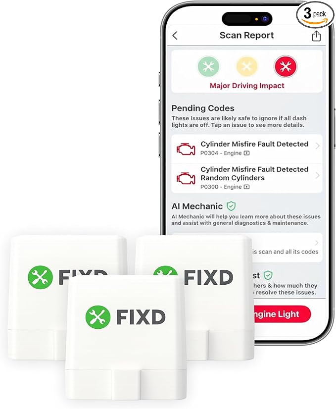 FIXD Bluetooth OBD2 Scanner - Car Diagnostic Check Engine Code Reader | Value 3-Pack | iPhone/Android compatible | Automotive scan tool for repairs + buying | Enhanced manufacturer data