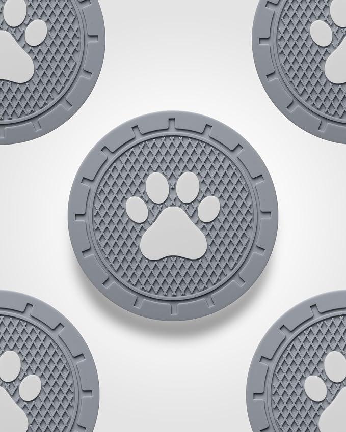 Coaster for Car Cup Holder - 4 Pack Silicone Auto Car Drink Coasters Mat Dog Paw Print Universal Non-Slip Inserts Car Interior Accessories, Grey
