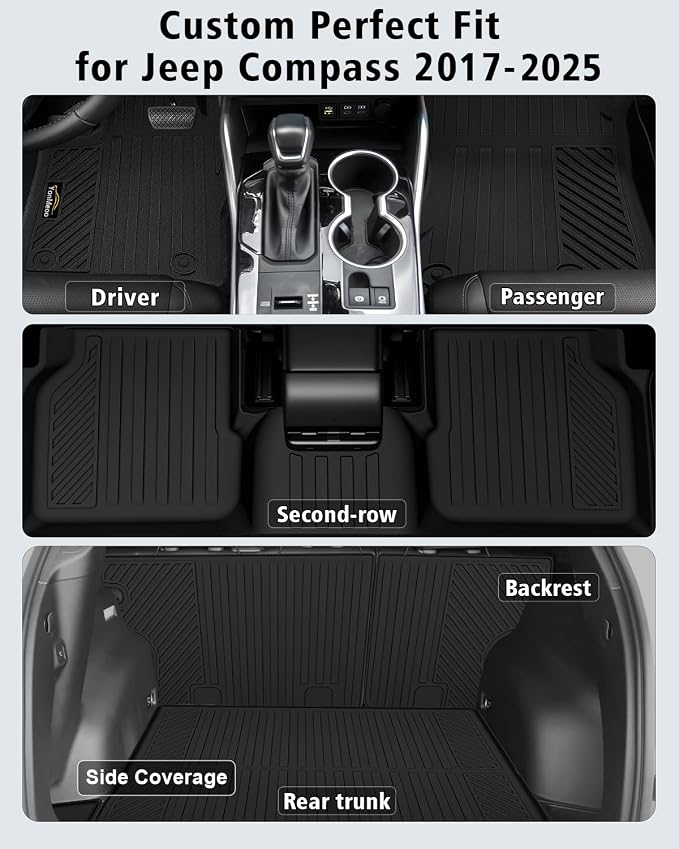 Floor Mats Custom Fit for Jeep Compass 2017-2025 2026 Trunk Mat with Backrest Mat All Weather TPE Rubber Cargo Liner Anti-Slip Full Set for Compass Accessories (Trunk Mat+Backrest Mats+Floor Mats) | All Weather TPE Rubber Floor Liners, Cargo Liner, Bac...