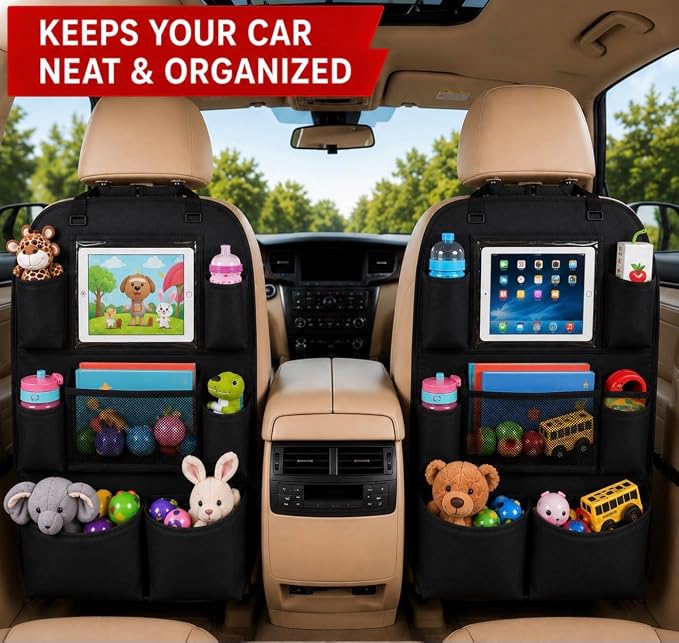 Car Backseat Organizer with Tablet Holder, Multi-Pocket Storage, Kick Mat Seat Protector for SUV, Truck