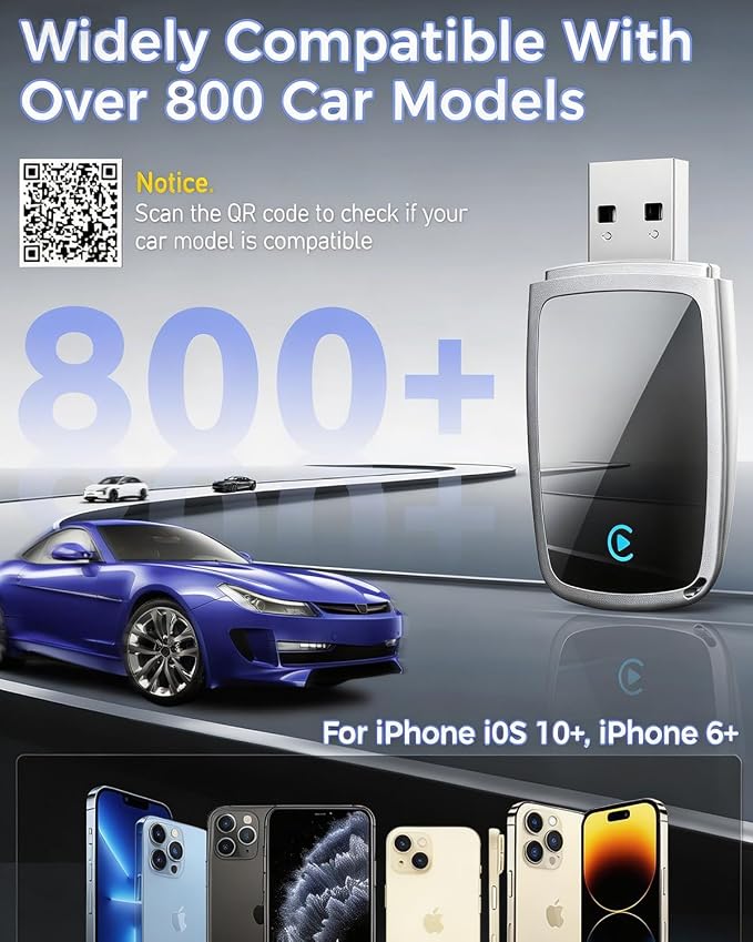 Wireless CarPlay Adapter for Apple iPhone（2026 Upgrade）- Convert OEM Wired CarPlay to CarPlay Wireless Adapter, Stable Connection Compatible with iOS 10+ (white)
