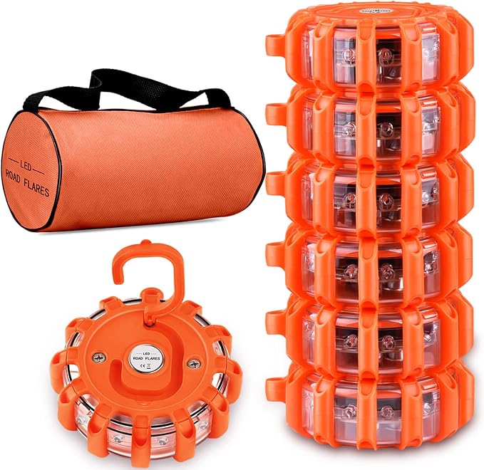 Tobfit 6 Pack LED Road Flares Emergency Lights Roadside Safety Beacon Disc Flashing Warning Flare Kit with Magnetic Base & Hook for Car Truck Boats | 9 Flash Modes (Batteries Not Included) (6)
