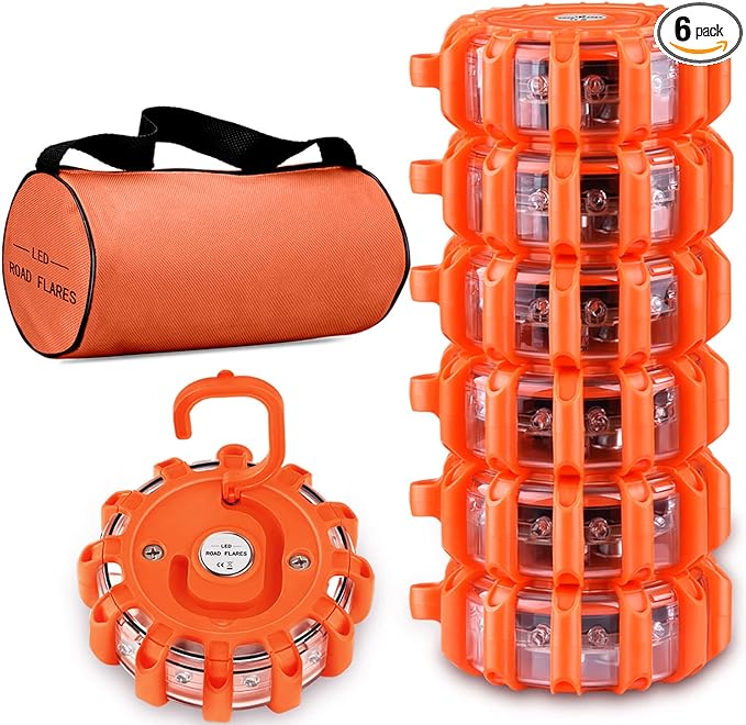 Tobfit 6 Pack LED Road Flares Emergency Lights Roadside Safety Beacon Disc Flashing Warning Flare Kit with Magnetic Base & Hook for Car Truck Boats | 9 Flash Modes (Batteries Not Included) (6)